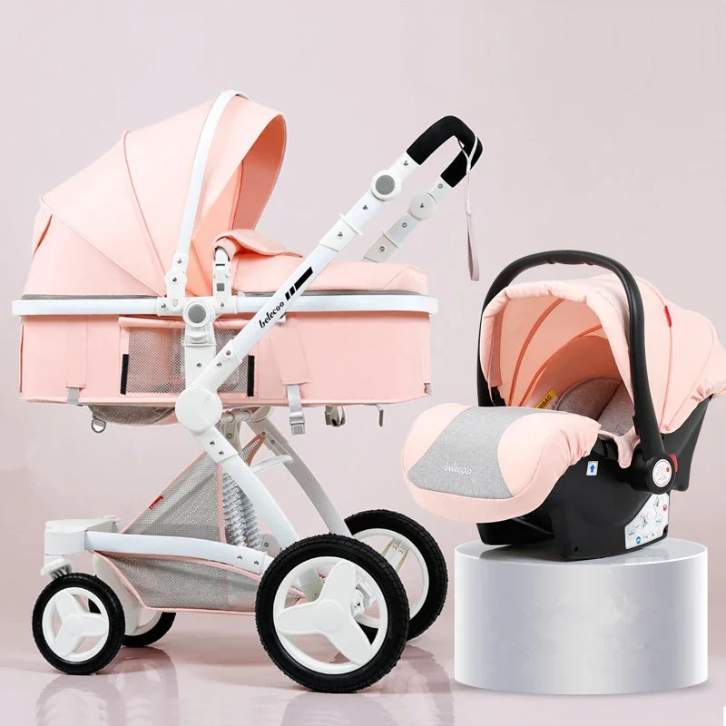 High Landscape Baby Stroller 3 in 1 Luxury Hot Mom Stroller Travel Pram Reversible Baby Trolley Pink Stroller with Car Seat