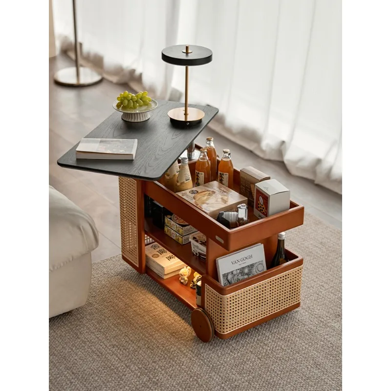 Japanese style wood lift bus side table Rotatable desktop side cabinet Multi-functional storage cabinet for Living room bedroom
