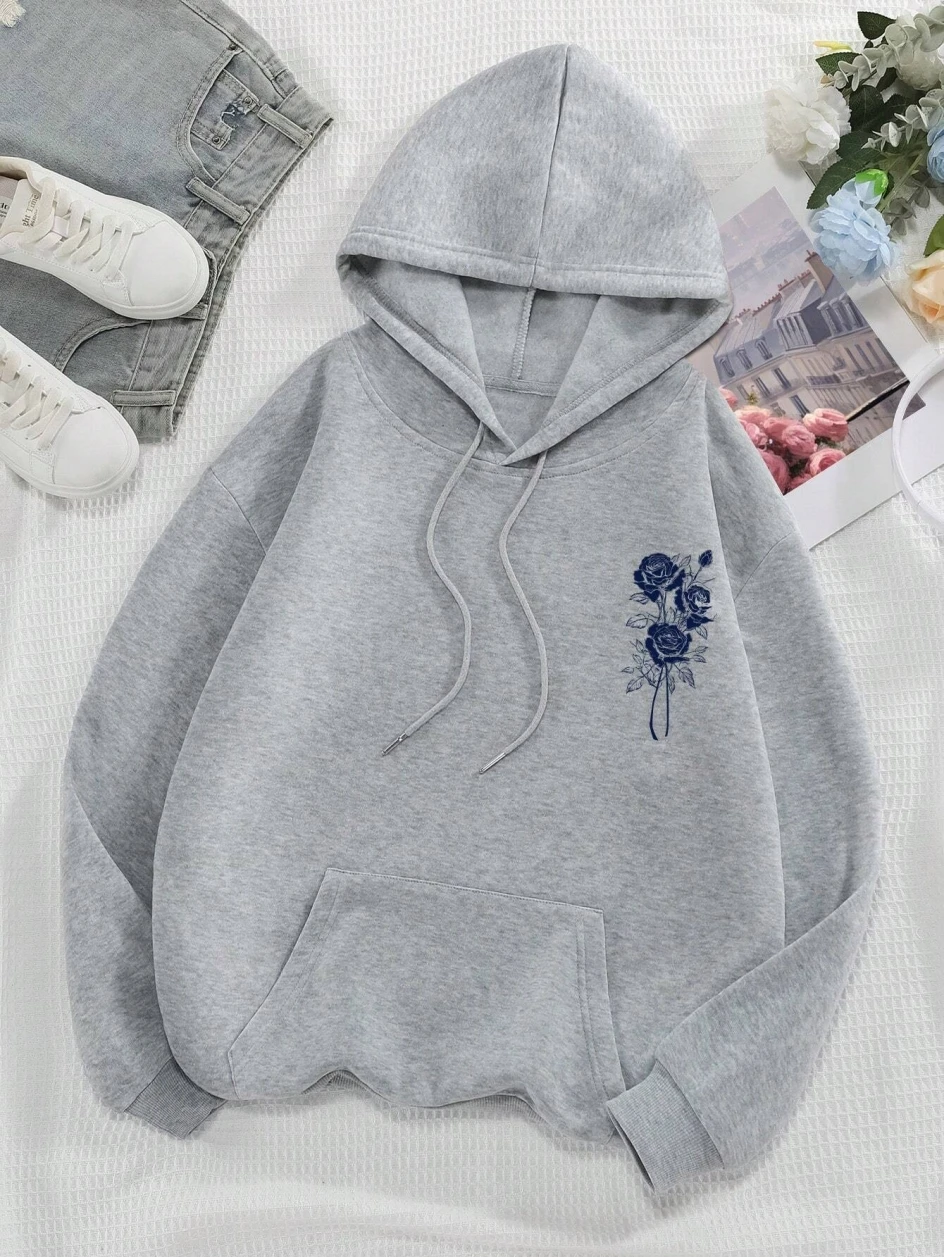 Fashion Women Hoodies Vintage Letters & Flowers Printed Sweatshirts Spring Crewneck Pullover Loose Fleece Female Tops Clothes