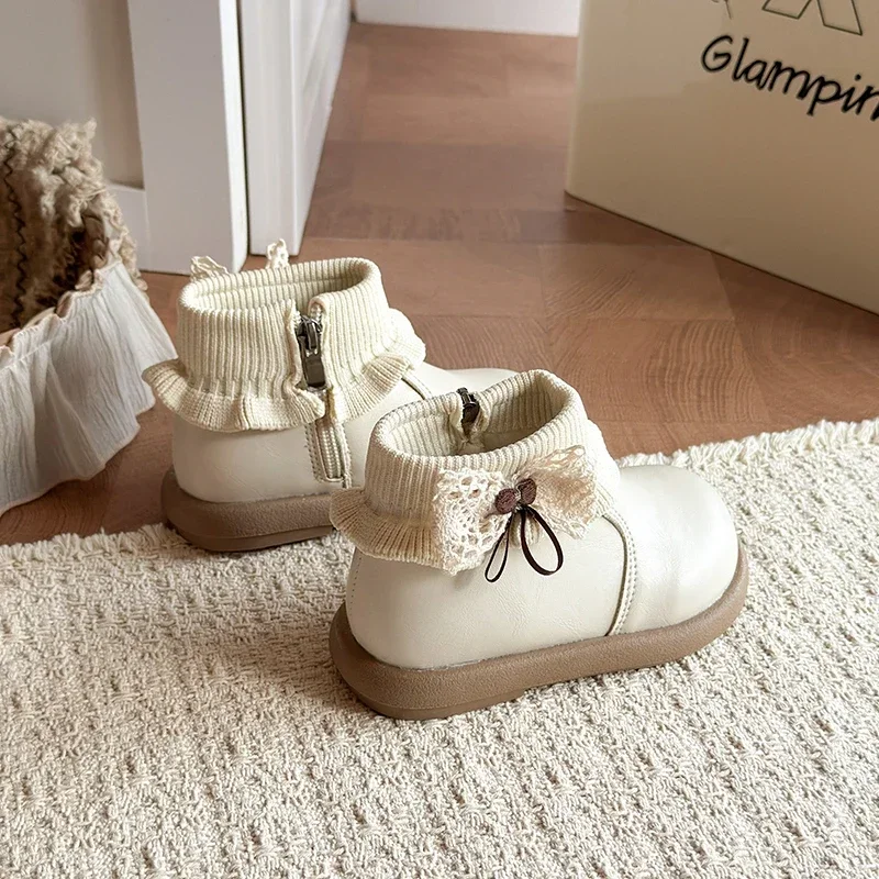 Little Girls Knit Ruffle Lace Bow Winter Boots, Matte PU Plush Lined Side Zipper Warm Non‑Slip Kids Boots