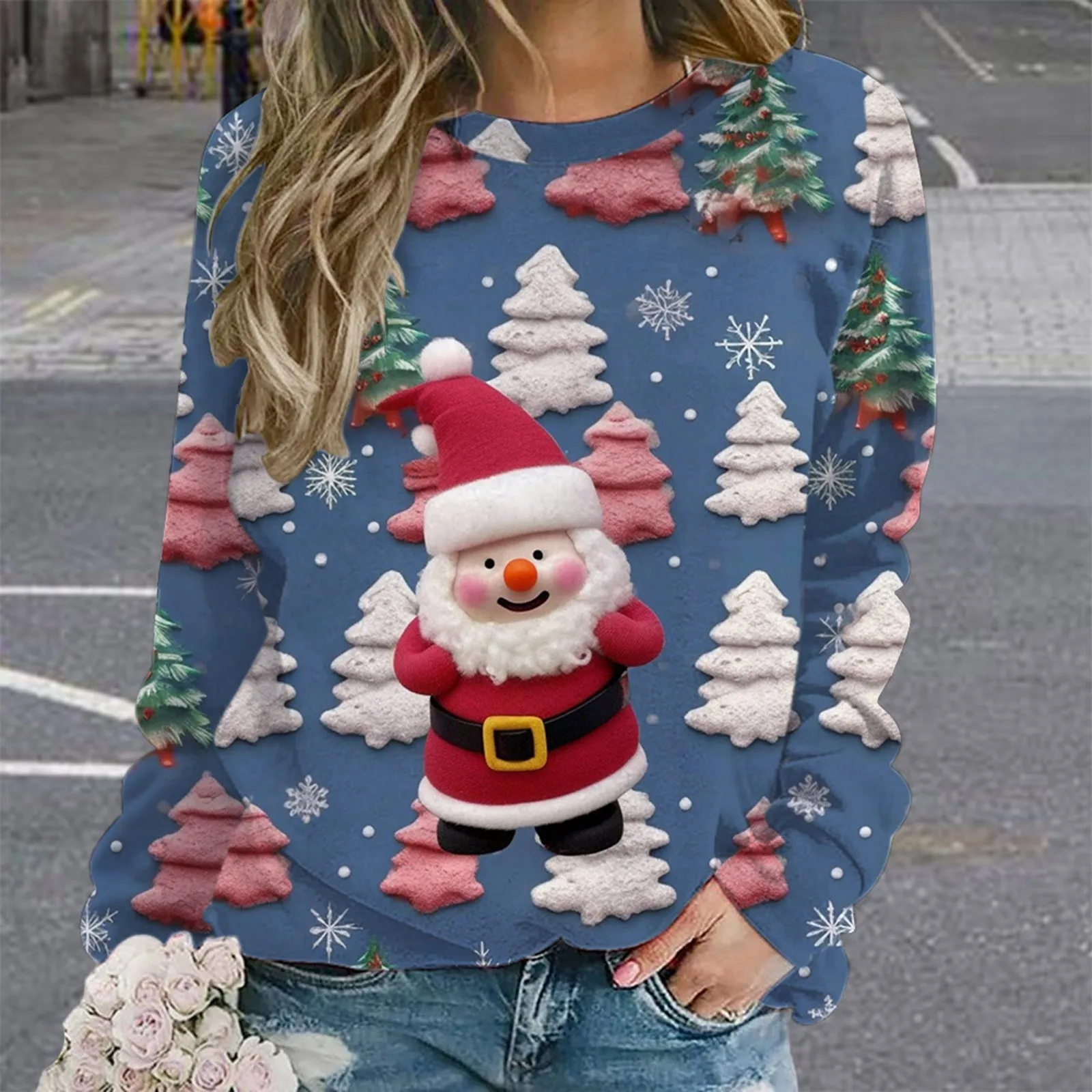 New Year Women Sweatshirts Fashion Full Print Funny Santa Claus Graphic Long Sleeve Round Neck Ugly Sweater Christmas Pullovers