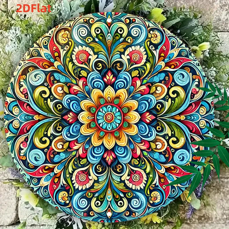 2D Flat, 2D Flat 1pc Vibrant Mandala Round Sign,Boho Style 19.81x19.81cm Round Wall Art,Colorful Swirls Decorative Plaque,Abstra