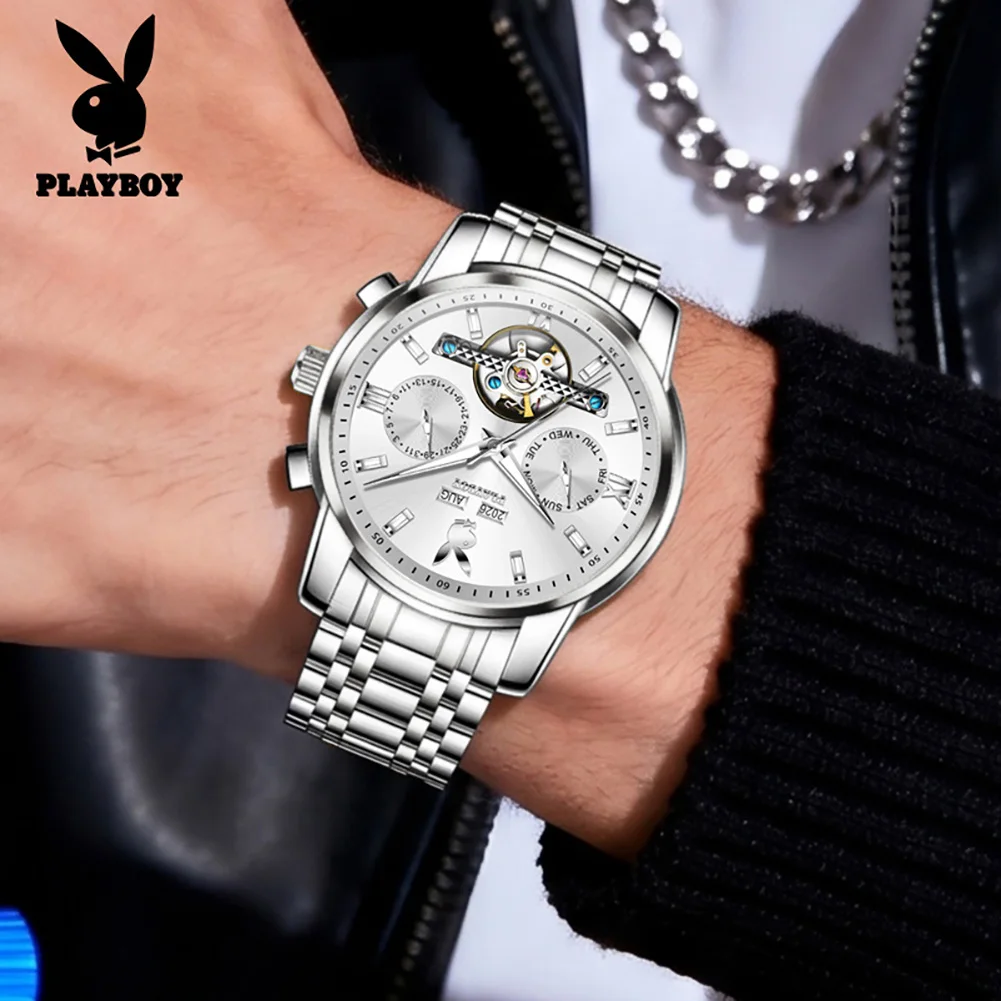 PLAYBOY 3140 Fashion Brand Mechanical Movement Men Watch Skeleton Flywheel Month Window HD Luminous 30m Waterproof Watch