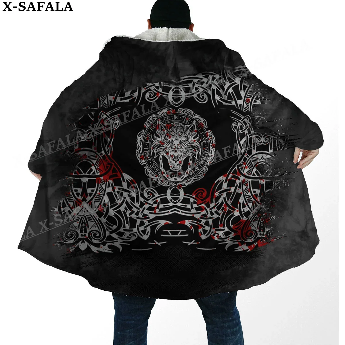 

Norse Mythology Vegvisir Viking Symbol Thick Warm Hooded Cloak Men Overcoat Coat Windproof Fleece Cape Robe Hooded Blanket-4