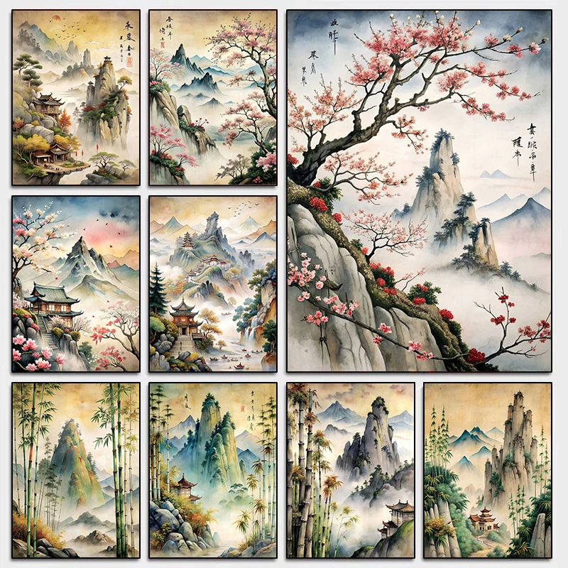 Chinese Classical Ink Painting Beautiful Rivers and Mountains Ancient Tree Canvas Painting Mural Paints Studio Home Decoration