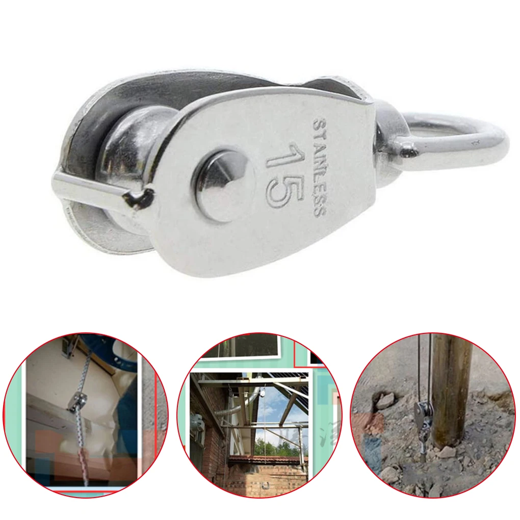 4pcs Stainless Steel Pulley M15 Single Wheel Swivel Lifting Rope Pulley Set Lifting Wheel Tools