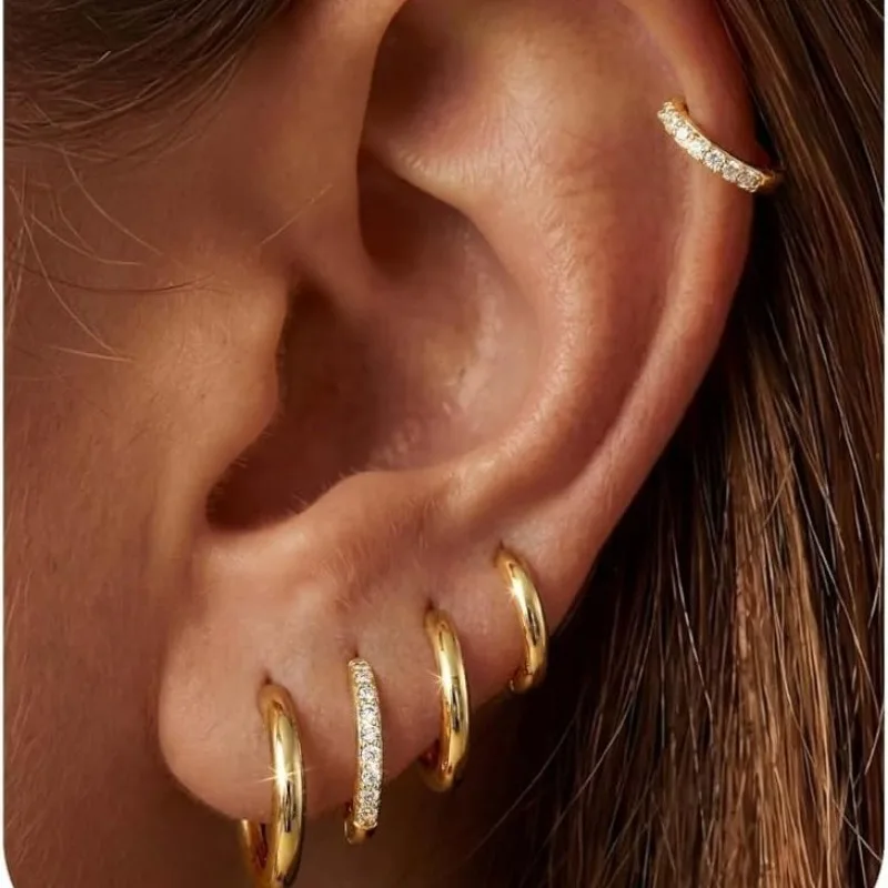 5pcs Hypoallergenic 14K Gold Plated Huggie Cartilage Earrings for Multiple Piercing Silver Hoop Earrings for Women Mom Teen Girl