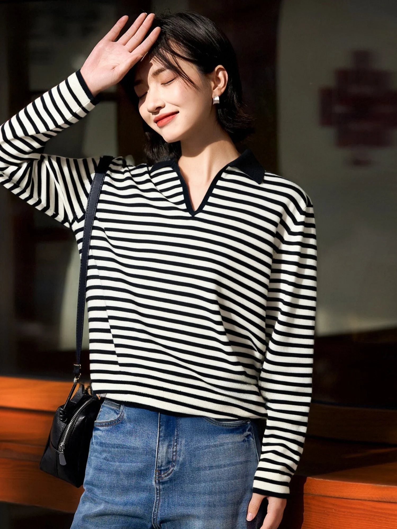 

Chivirin Ladies' Stripe Knitted Ne Sweater Full Wool Loose Fit Overhead Casual Sle Soft Woolen Long Sve Top