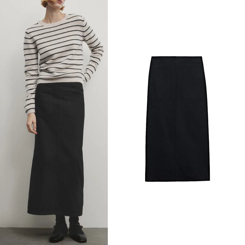 

Casual Bla Carpenter Sle Long Straight Denim Skirt 2024 New MD Women's Faion A-Line Midi Skirt Polyester Fiber