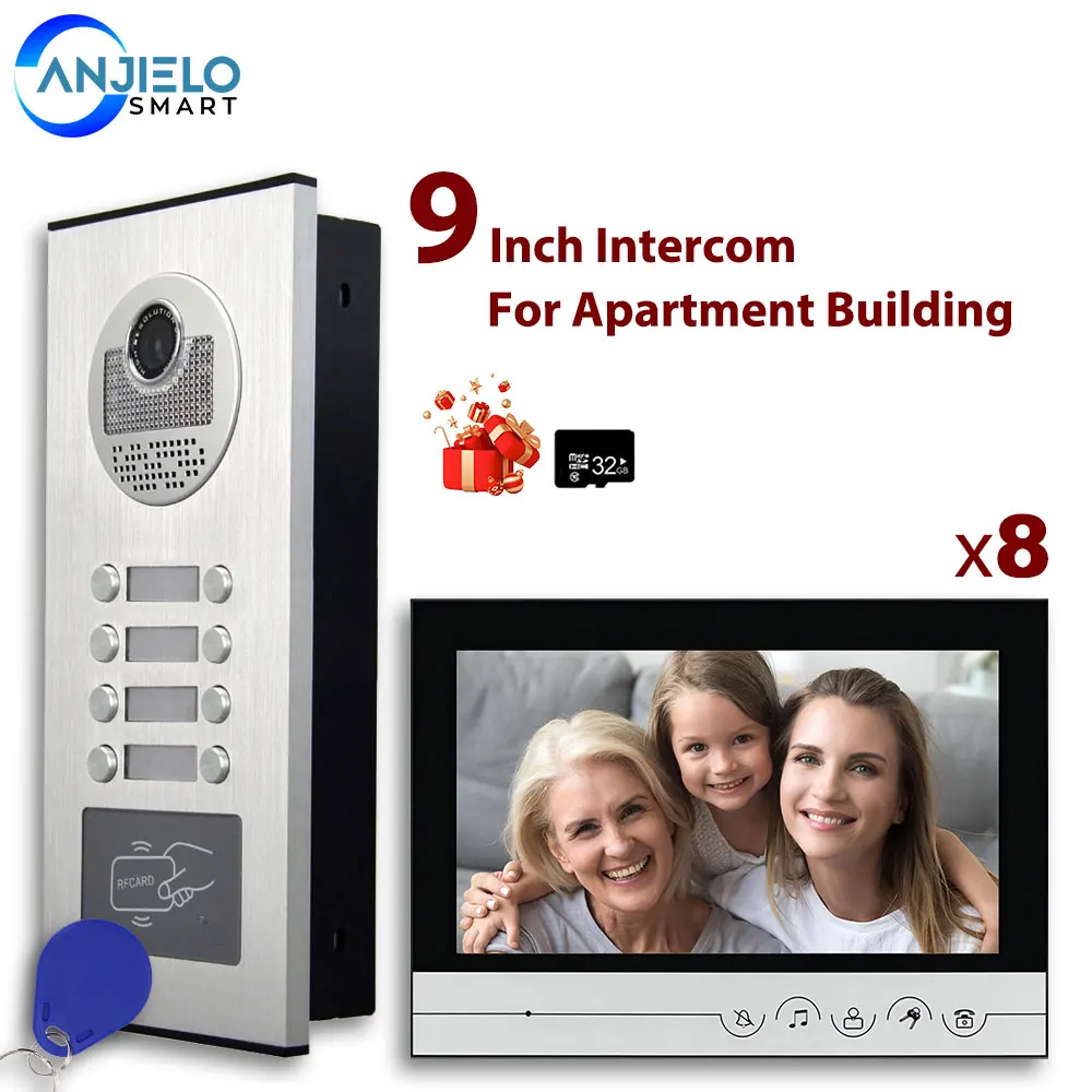 9 Inch 3/4/6/8 Unit Multi Apartments Intercom Video Door Phone With RFID Unit Building Doorbell System