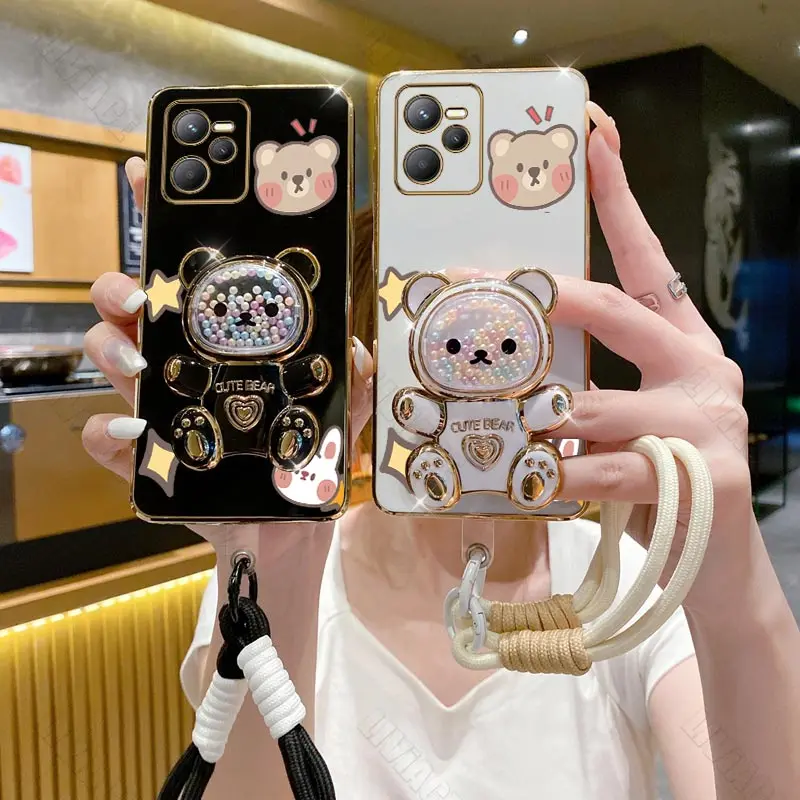 Colorful Wrist Strap Bear Phone Holder Case For Oppo Realme C35 C7i C11 C15 C17 C20 C21 C30 C30S C31 C33 C53 C55 C67 Stand Cover