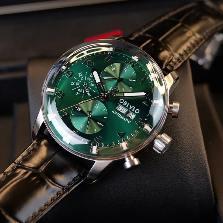 

OBLVLO Men Automatic Watch 42mm Mechanical Wristwatch 50M Waterproof Luminous Sapphire Multi-Dial Month Week Date