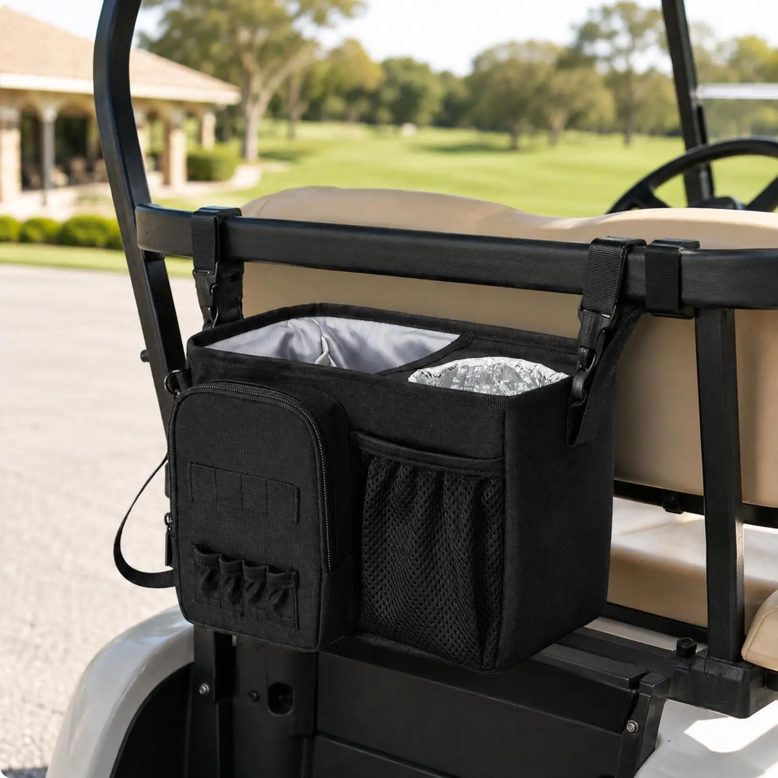 Golf Cart Accessory Pouch Storage Bag Hanging Oxford Cloth Trolley Organizer with Insulated Circular Pocket for Drinks and