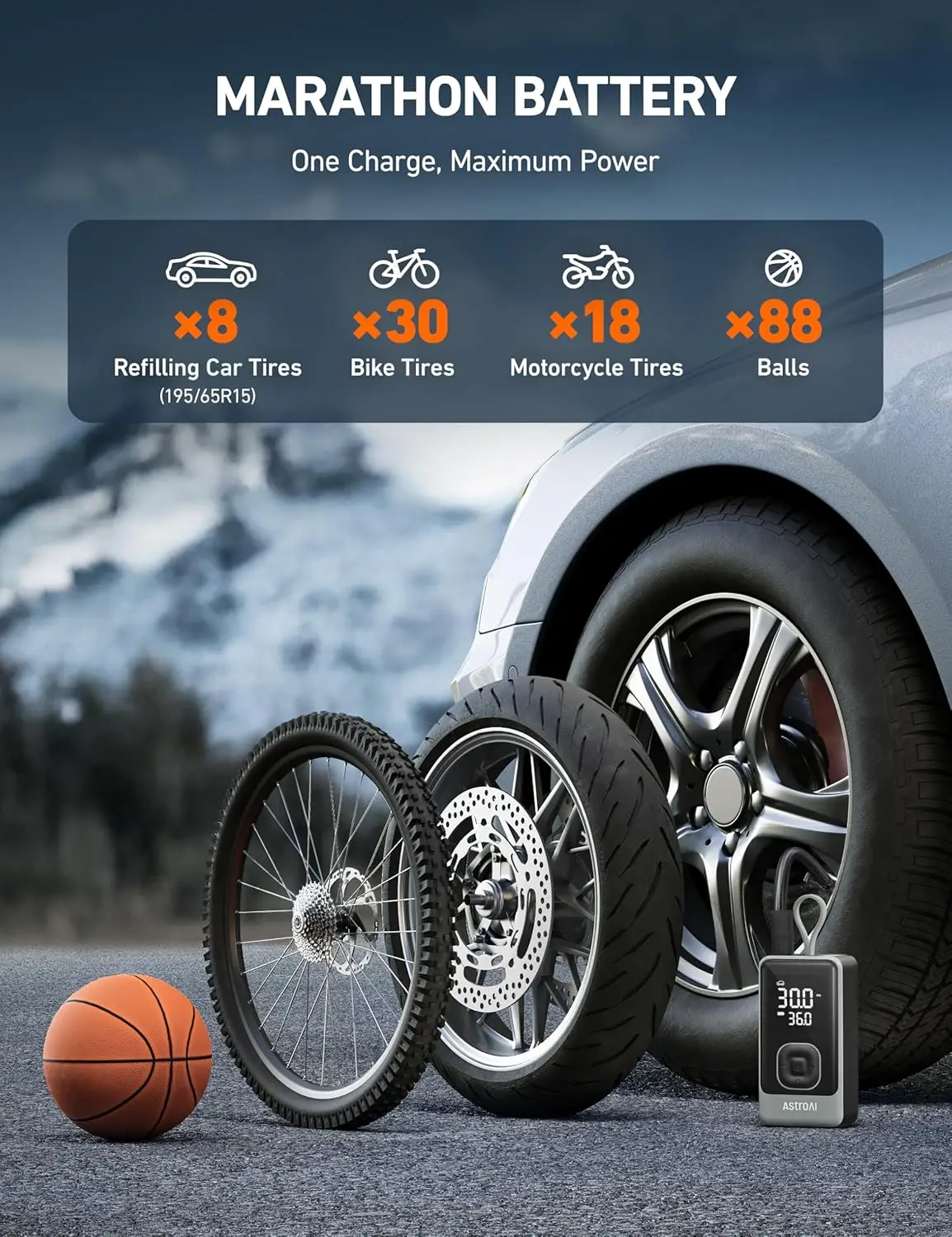 Portable Cordless Air Compressor, 150PSI Fast Inflation, Auto Shutoff, LED Light for Car SUV Motorcycle Bike Tires