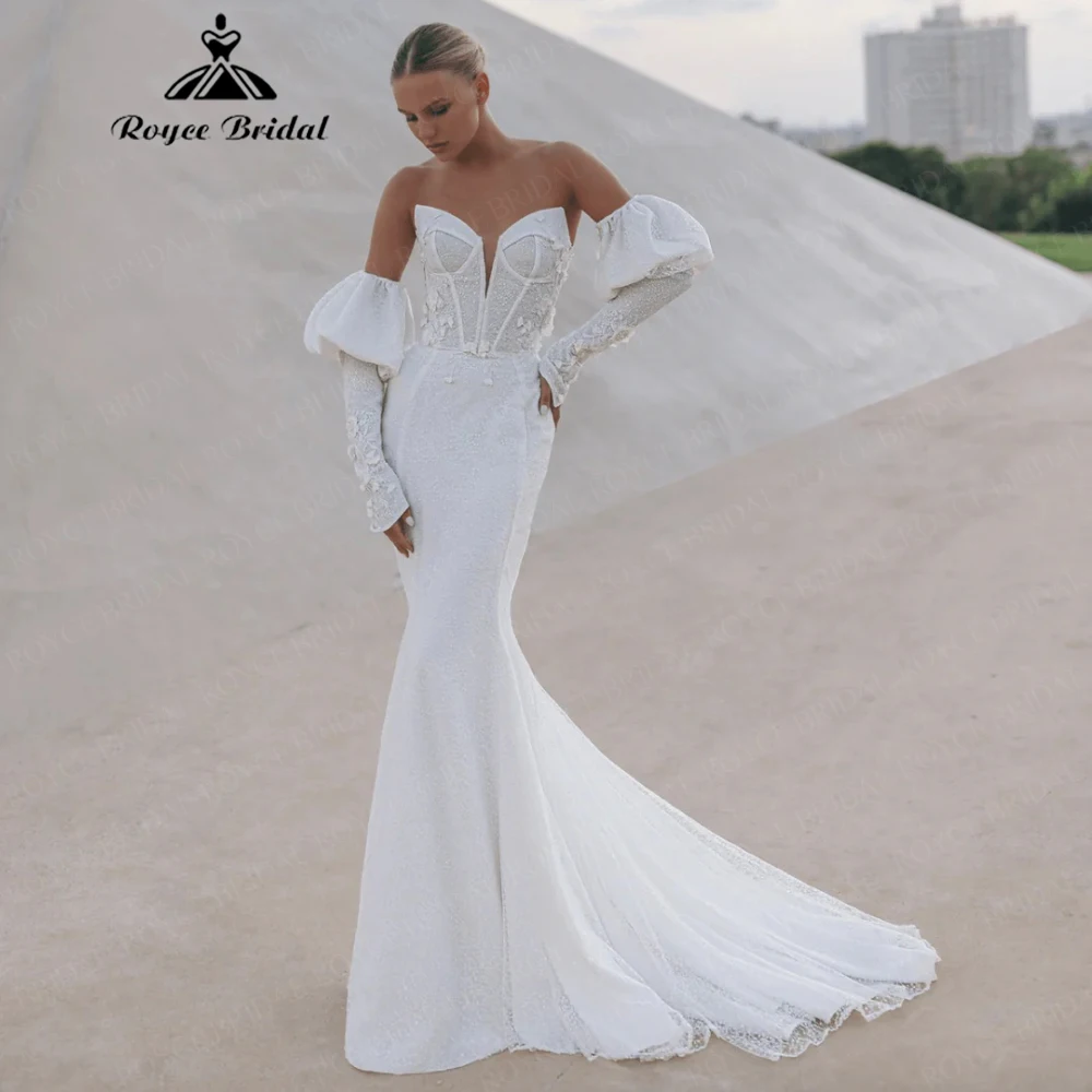 

Roycebridal 2025 Новое кружевное свадебное платье без бретелек с v-образным вырезом и съемным длинным рукавом на шнуровке, свадебное платье по индивидуальному заказу