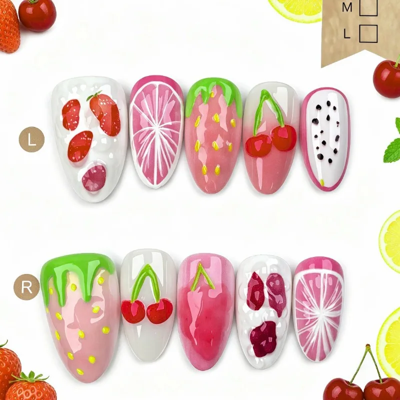 24PCS Sweet Fruit Almond False Nails 3D Cherry Grapes Pink French Press on Nails Full Cover Fresh Ins Style Wearable Manicure