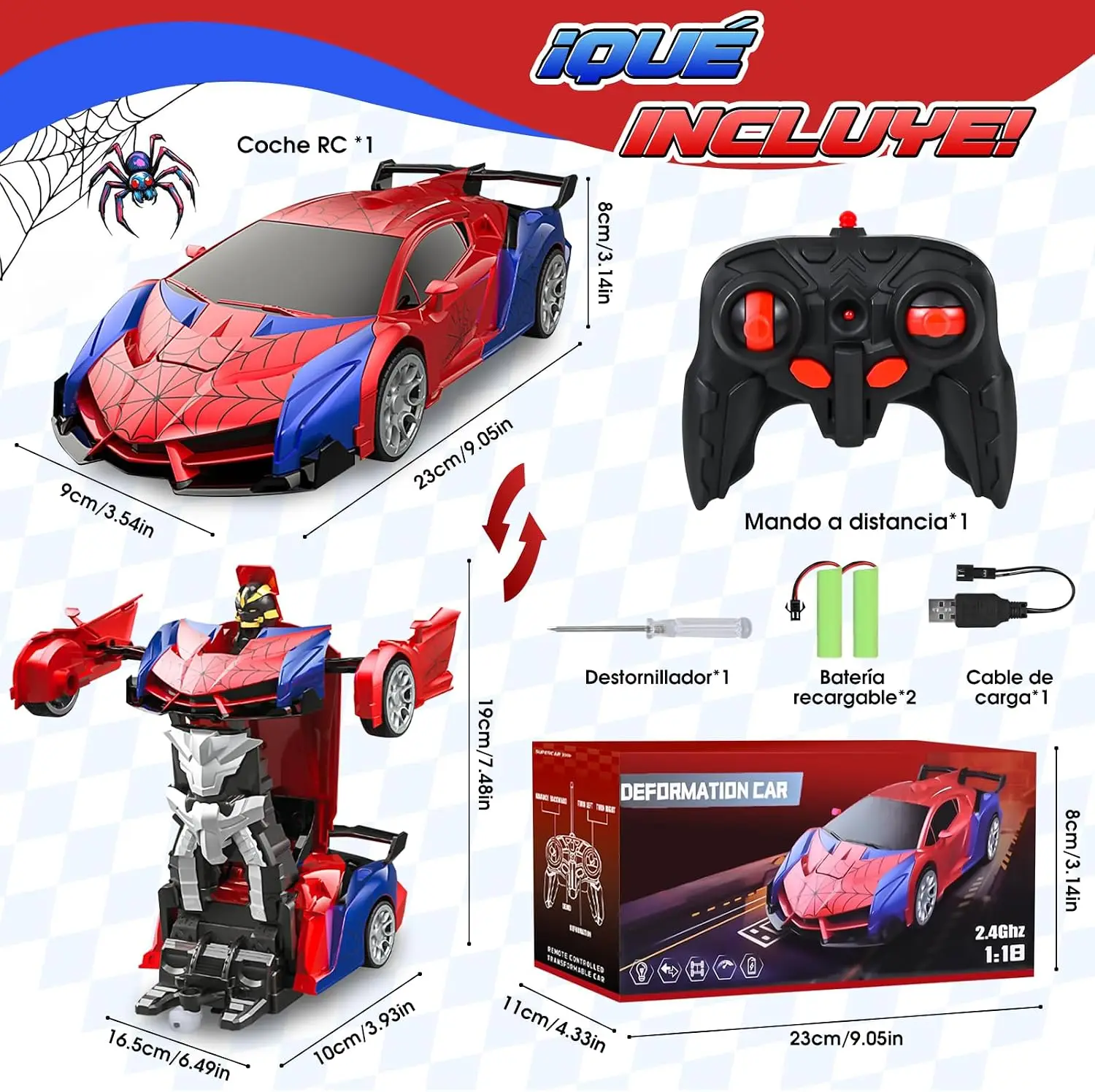 2.4GHz Deformable Spider RC Car Robot Stunt Toy with Rechargeable Battery LED Light Birthday Christmas Gift for Boys Girls Kids