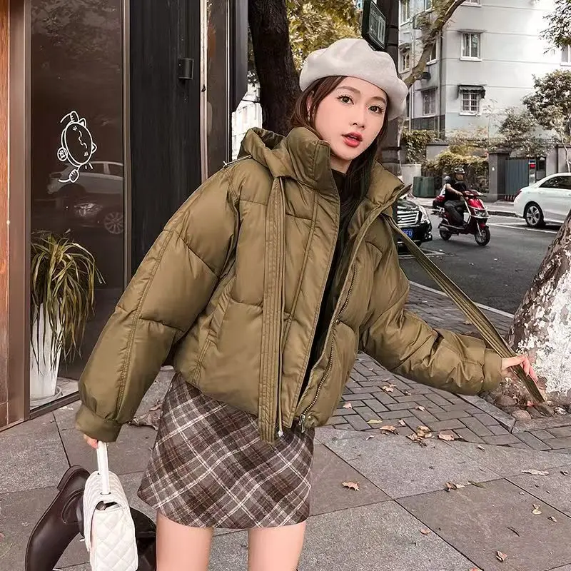 In The Winter Of 2024 New Cotton-padded Jacket Women's Ultra-short Hooded Thickened Loose Little Ribbon Cotton-padded Coat Tide