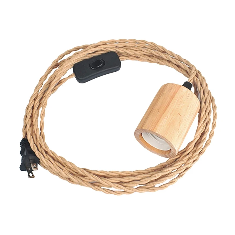 Wood Pendant Light Cord Kit ,14.76FT Vintage Industrial Hanging Plug in Lamp Cord with Twisted Nylon Rope E26 US Plug-SPMI