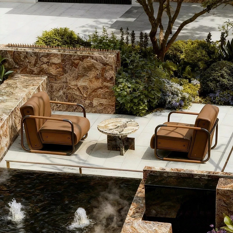 Sun Loungers,Outdoor Bed,Yacht Leather Sofa, Waterproof And-Resistant, Leisure Courtyard Garden Design, Outdoor Stainless Steel 