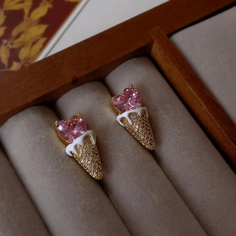 Creative fun pink love cone ice cream earrings sweet cute delicate ear accessory for women
