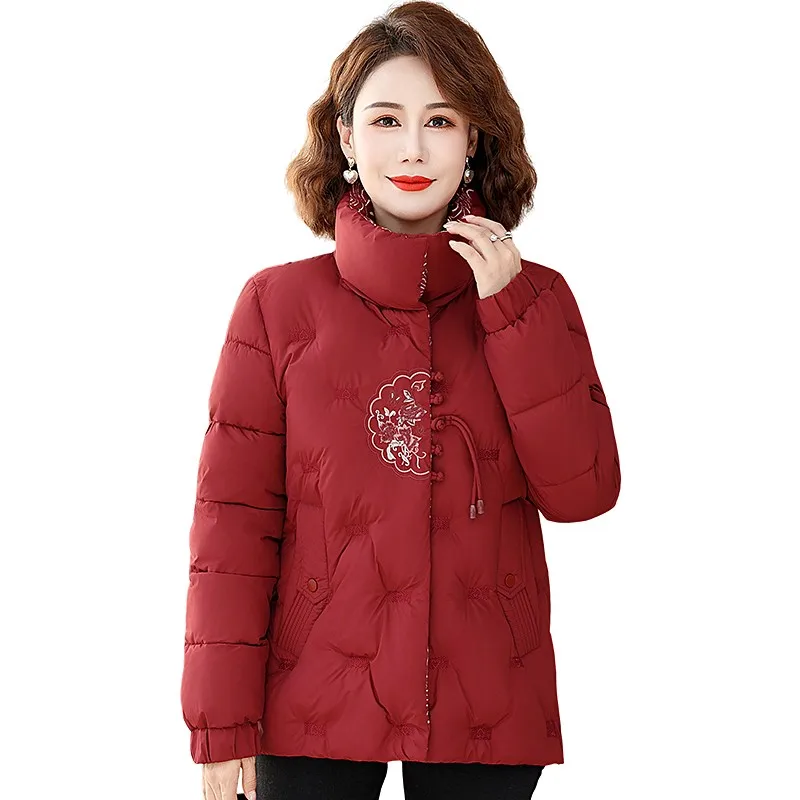 Parkas Embroidery Winter New Outerwear Fashion Simple Stand Collar Zipper Padded Coat Women Clothing