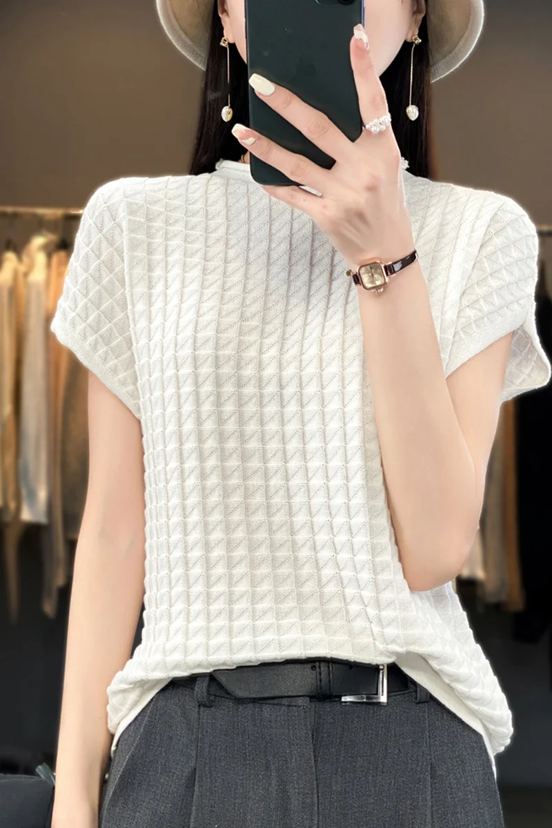 100% Cotton Woman\'s Tees Summer Thin T-Shirt Jumper Sweater Female Pullover Sleeveless Half Turtleneck Knitted Tops Blouse Shirt