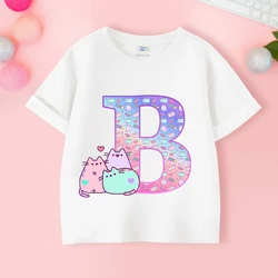 Pusheens Letter A-Z T-shirt Girls Anime Cat Tees Kids Summer Clothes Outdoor Sport Tops New Short Sleeve Children Gift Hot Sales