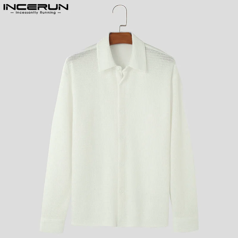 INCERUN Men Shirt Patchwork Lapel Long Sleeve Button Casual Men Clothing Streetwear 2024 Transparent Fashion Male Shirts S-5XL