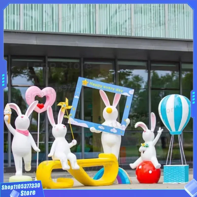 Cute Cartoon Rabbit Photo Frame FRP Sculpture Decorative Ornament for Shopping Mall Pedestrian Street Scenic Beauty Display