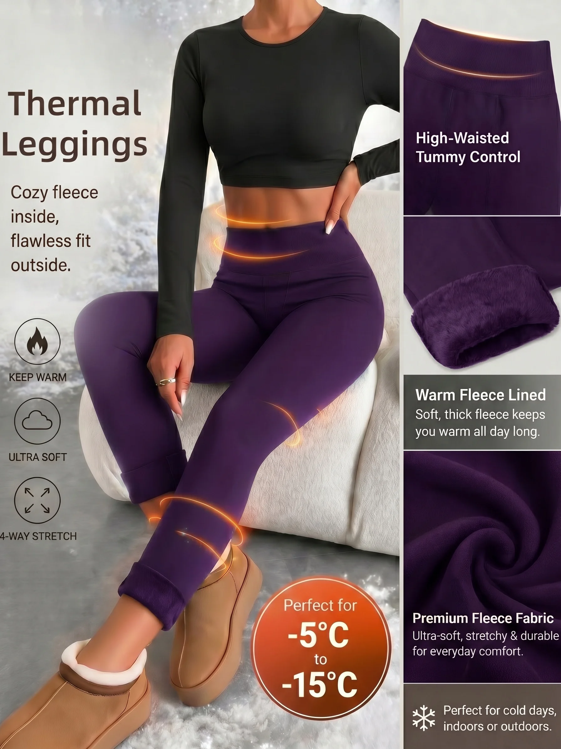 1-Pack Purple High Waist Fleece Lined Thermal Leggings Soft Stretch Warm Slim Pants for Cold Weather Outdoor