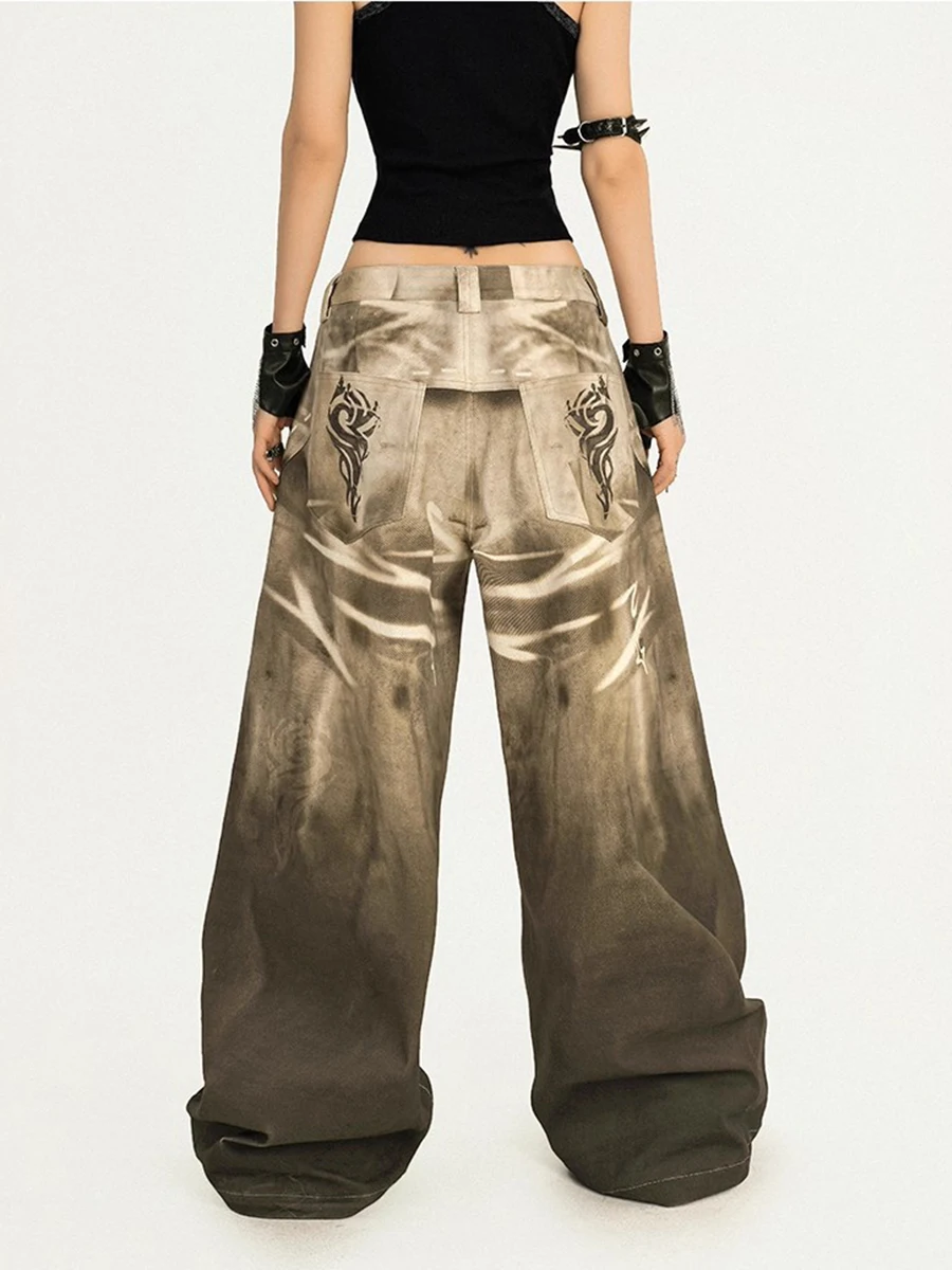 REDDACHiC Y2k Stampa Star Baggy Jeans Donna Distressed Tasche sfumate Gamba larga Vita bassa Pantaloni a botte Abiti estetici di moda