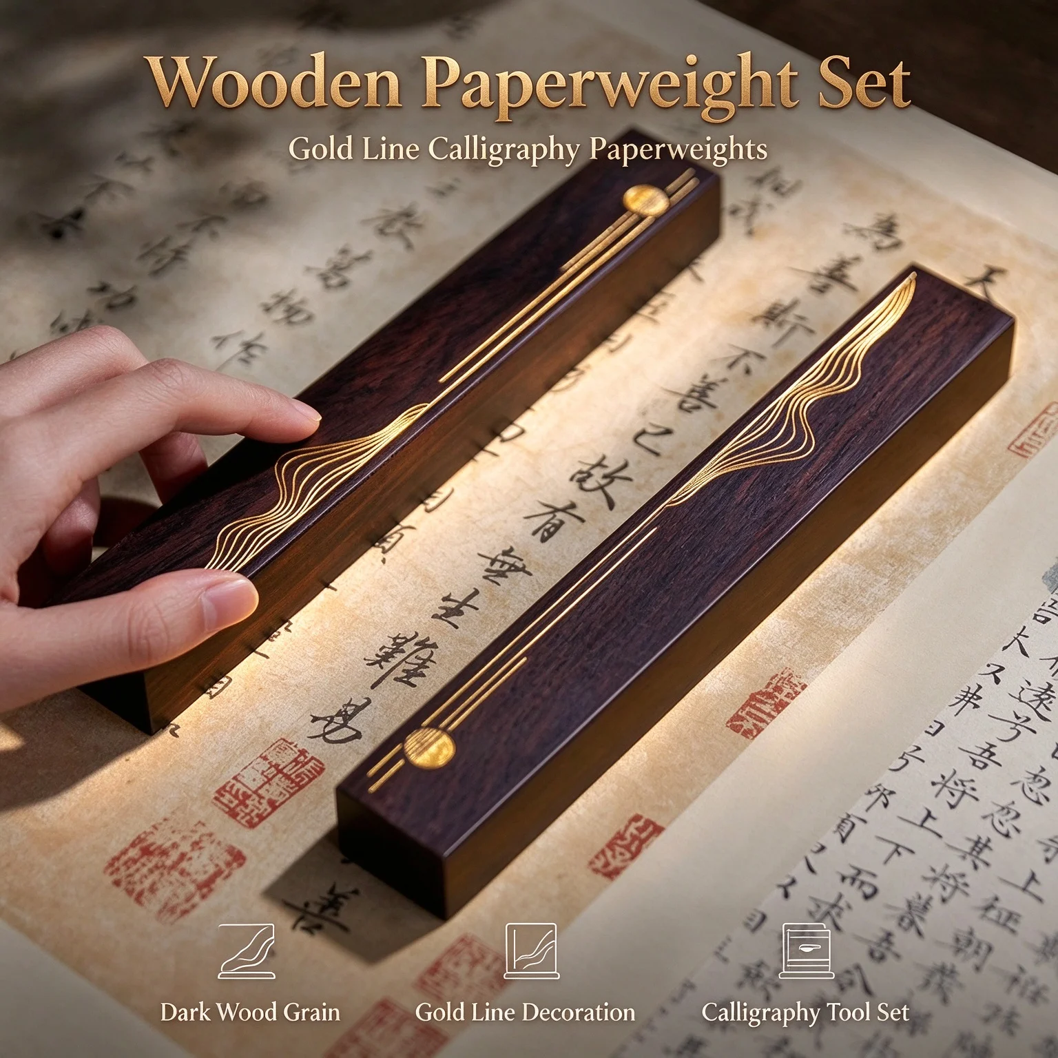 Ebony Calligraphy Paper Weight Solid Wood Inlay Craft Paper Press Ruler Four Treasures Of The Study For Chinese Brush Art Decor