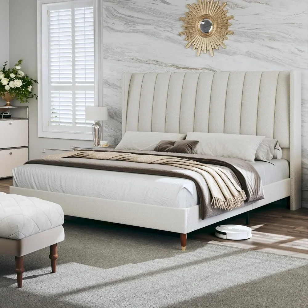 

Bed Frame,Upholstered Platform Bed Frame with Vertical Channel Tall Wingback Headboard,No Box Spring Needed,Wooden