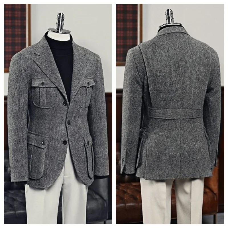 Men's Vintage Herringbone Tweed Blazer British Wool Blend Double Breasted Lightweight Casual Sport Coat Formal Jacket