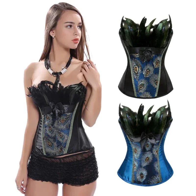 A Corsets Steampunk Feather Peacock Glitter Pirate Showgirl Bustier Top Basque Carnival Costume for Women Party Club Night Femme