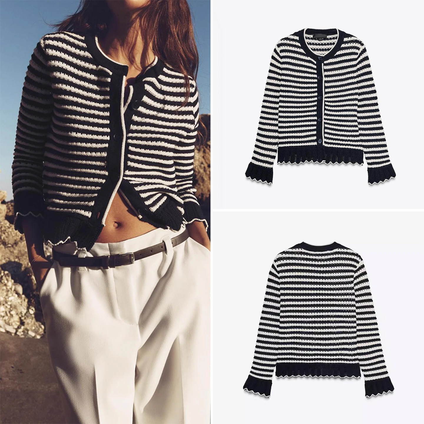 

2025 Winter New Women's Faionable Knitted Long Sve round Ne Striped Outerwear Comfortable Loose Fit Commute Sle