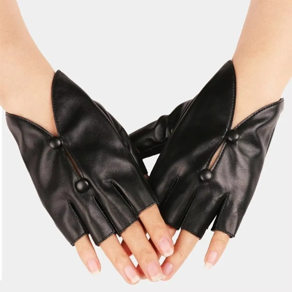 PU Leather Half-Finger Gloves Anti-Slip Button Hole Open-Finger Design Cycling Gloves Fashion Design Dance Performance Gloves