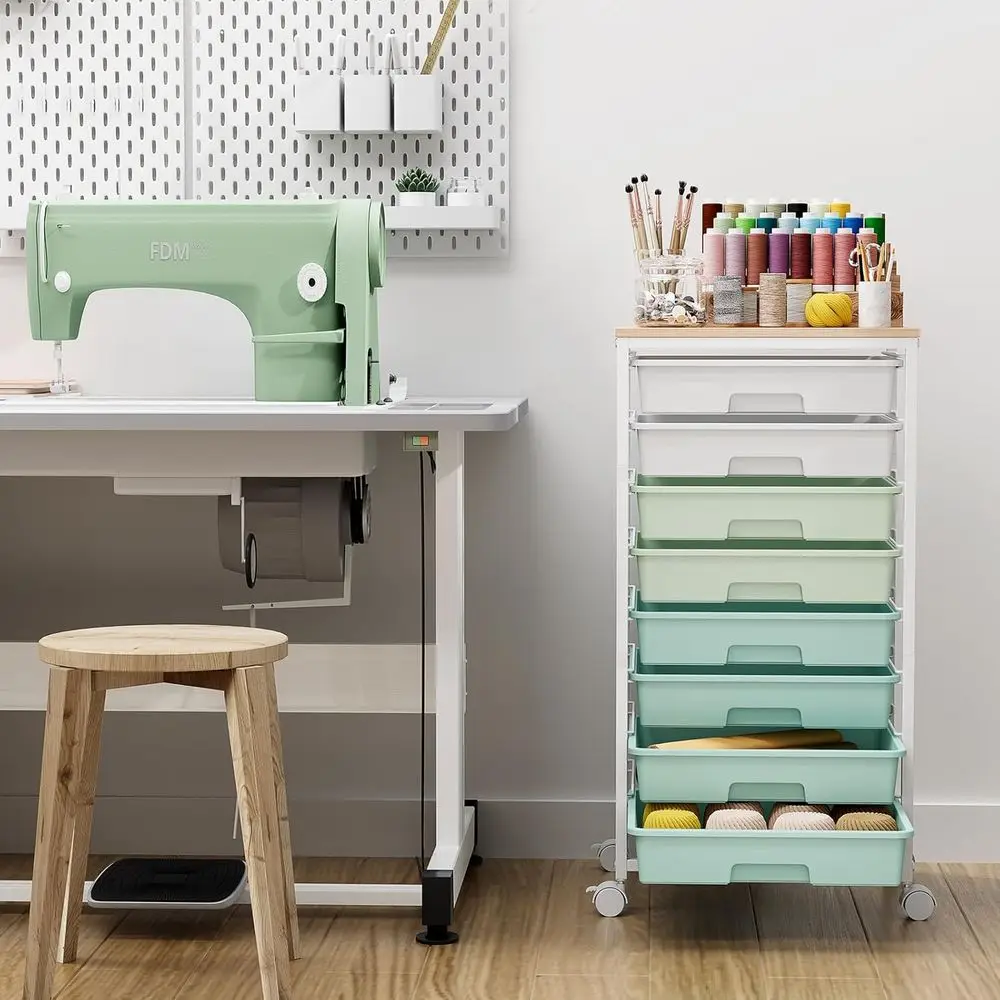 8-Drawer Storage Cart with White Drawers & Wooden Top for Classroom and Office Organization in Green