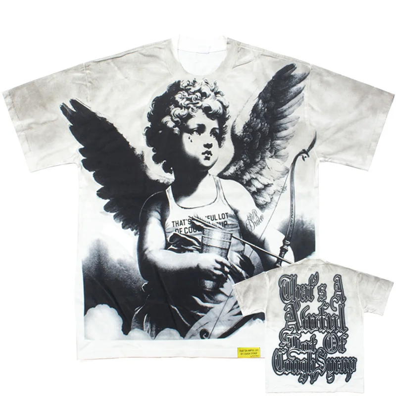 

That's A Awful Lot of Cough Syrup Angel Print Spray Dirty Wash Retro Short Sleeved T-shirt Men Women Summer Daily Casual T Shirt