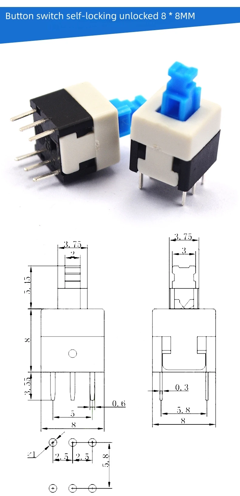 20 Stück Tastenschalter, Schlüsselschalter, Sechspol-Schalter, 5,8*5,8 7*7 8*8 8,5*8,5 mm, selbstsichernder oder nicht selbstsichernder Schalter, Sechspol – Detail 5