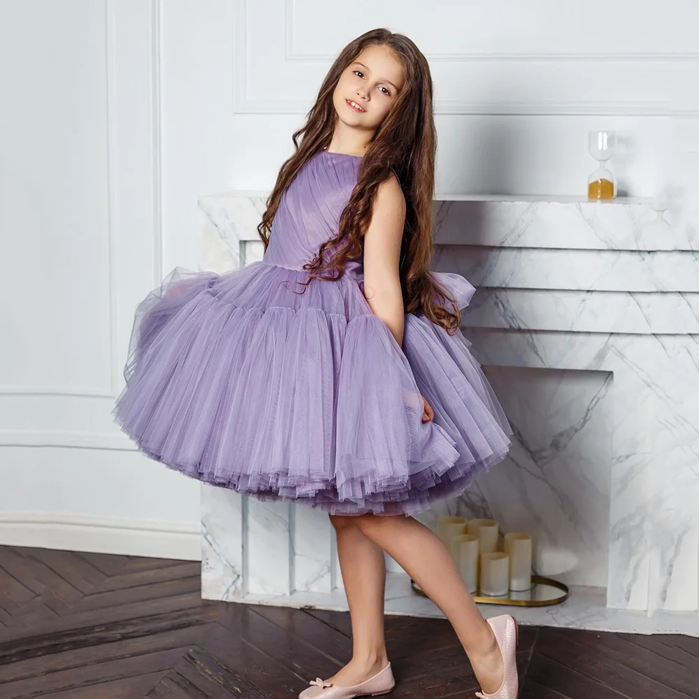 Lavender Princess Flower Girl Dresses for Wedding Tulle Knee Length Elegant Kids Birthday Party First Holy Communion Gown