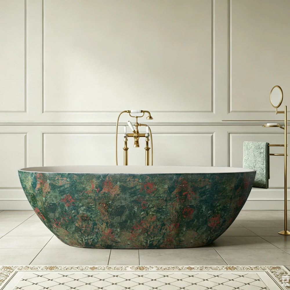1700mm Monet Garden Natural Yellow Travertine Oval Freestanding Double Bathtub for Villa B&B Hotel RS030B