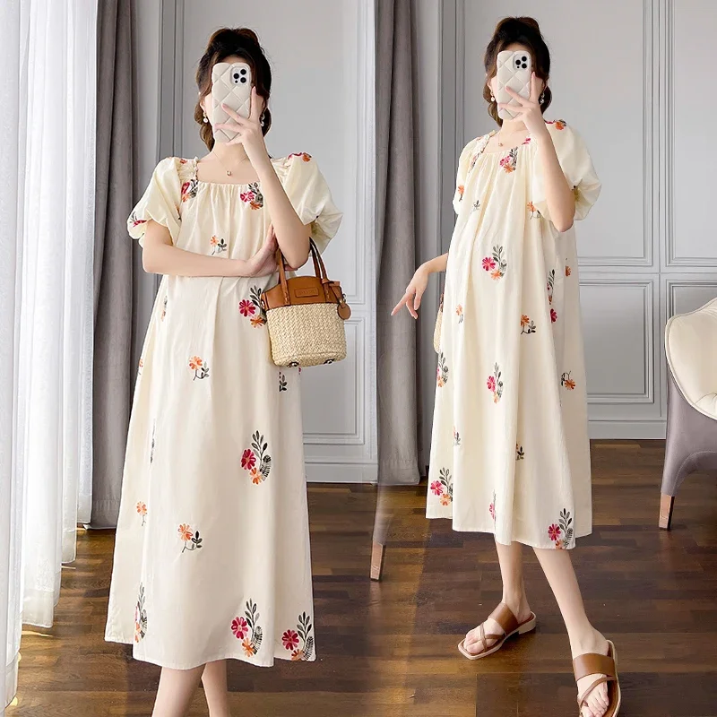 Floral Embroidery Maternity Long Dress 2024 Summer Korean Fashion Loose Straight Clothes for Pregnant Women Sweet Pregnancy