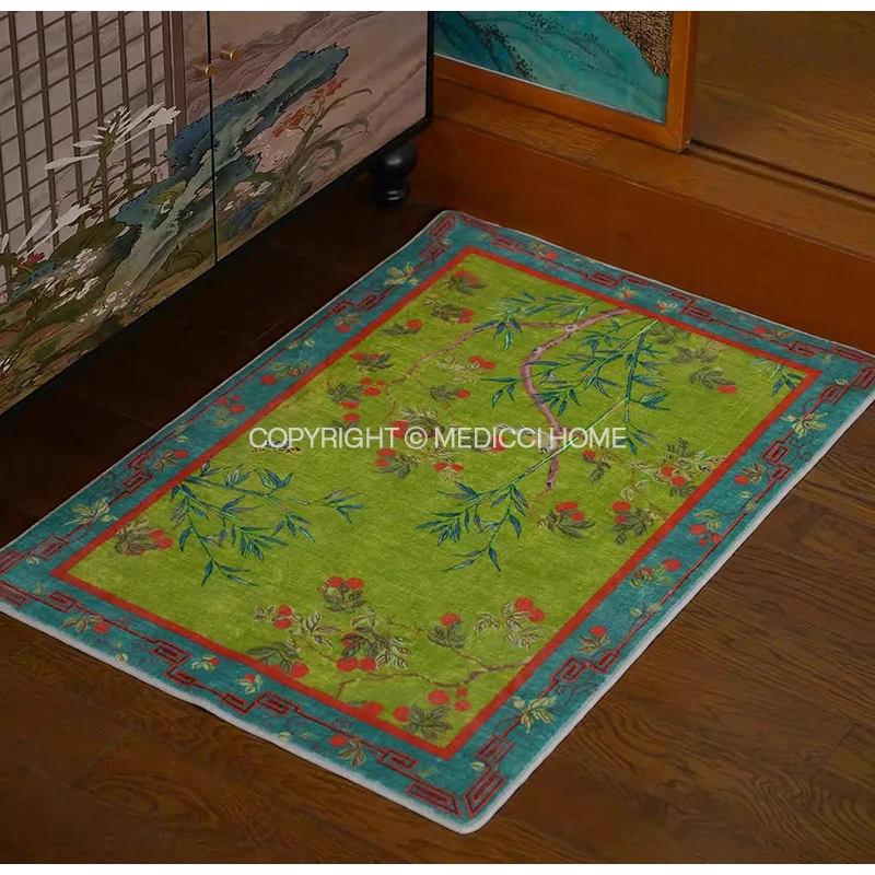 Medicci Home Chinoiserie Palace lychee Tree Birds Decorative Door Mat Luxury Retro Green Carpet Area Rug For Porch Dressing Room