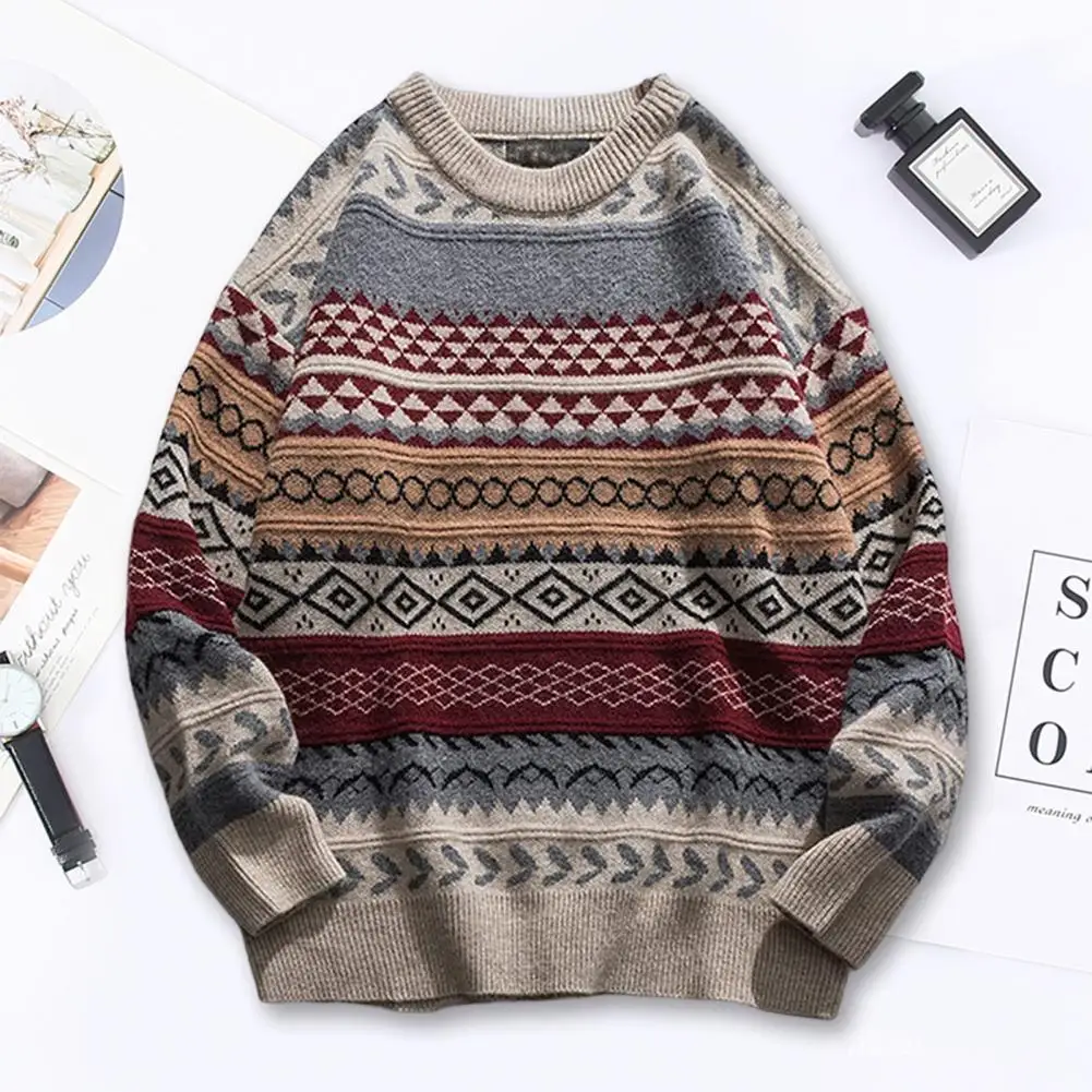 

Pullover Sweater Soft Winter Striped Patchwork Color Pullover Knitwear Loose Fit Skin-Touch Knitwear Jumper for School