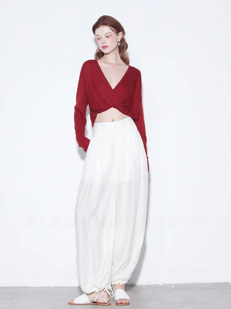 

Finocci Ultra Soft Silk Lyocell Skin-friendly V-ne Twist Cross Sexy Belly Button Loose Feeling Top Women's Knitted...