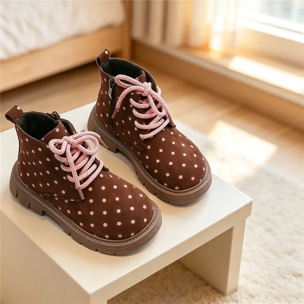 Toddler Girls Polka Dot Ankle Boots, Side Zipper Lace Up Winter Shoes, Non Slip Thick Sole Casual Short Boots for Daily Outdoor