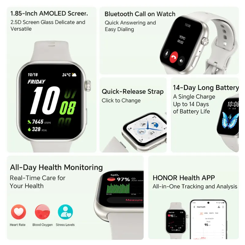 Versión Global HONOR CHOICE InFoWear Watch 2i Smartwatch 1.85inches AMOLED Screen Bluetooth Call on Watch All-Day Health Monitoring 3