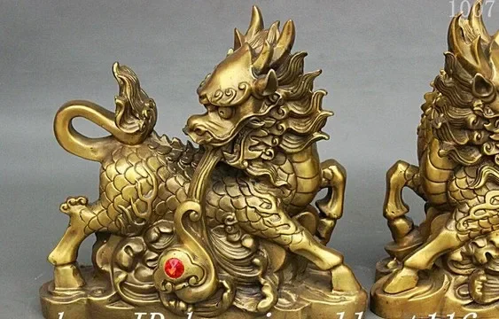 Chinese FengShui Pure Brass Dragon Kylin Unicorn Spit RuYi Gourd Statue Pair